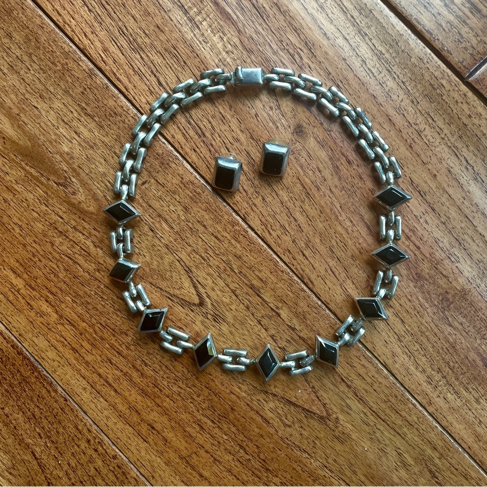 NWOT Vintage Mexico 950 Silver & Black Onyx Necklace + 925 Silver Earrings Set - Picture 3 of 7